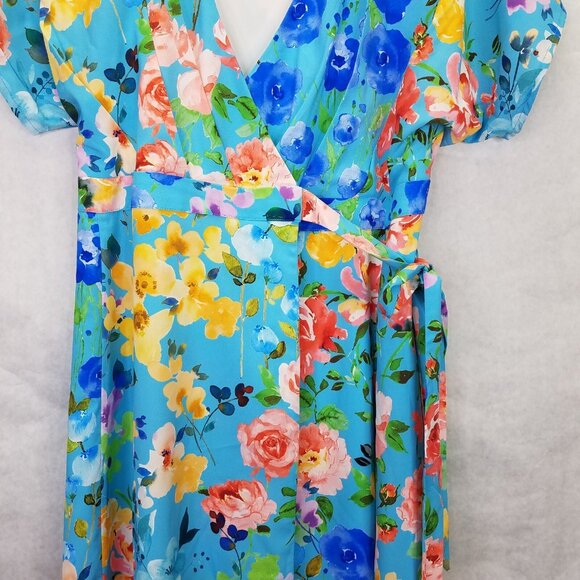 Eshakti Wrap Dress Midi S Dolman Sleeve Blue Floral Print Crepe Lined Tie Waist - Picture 4 of 16